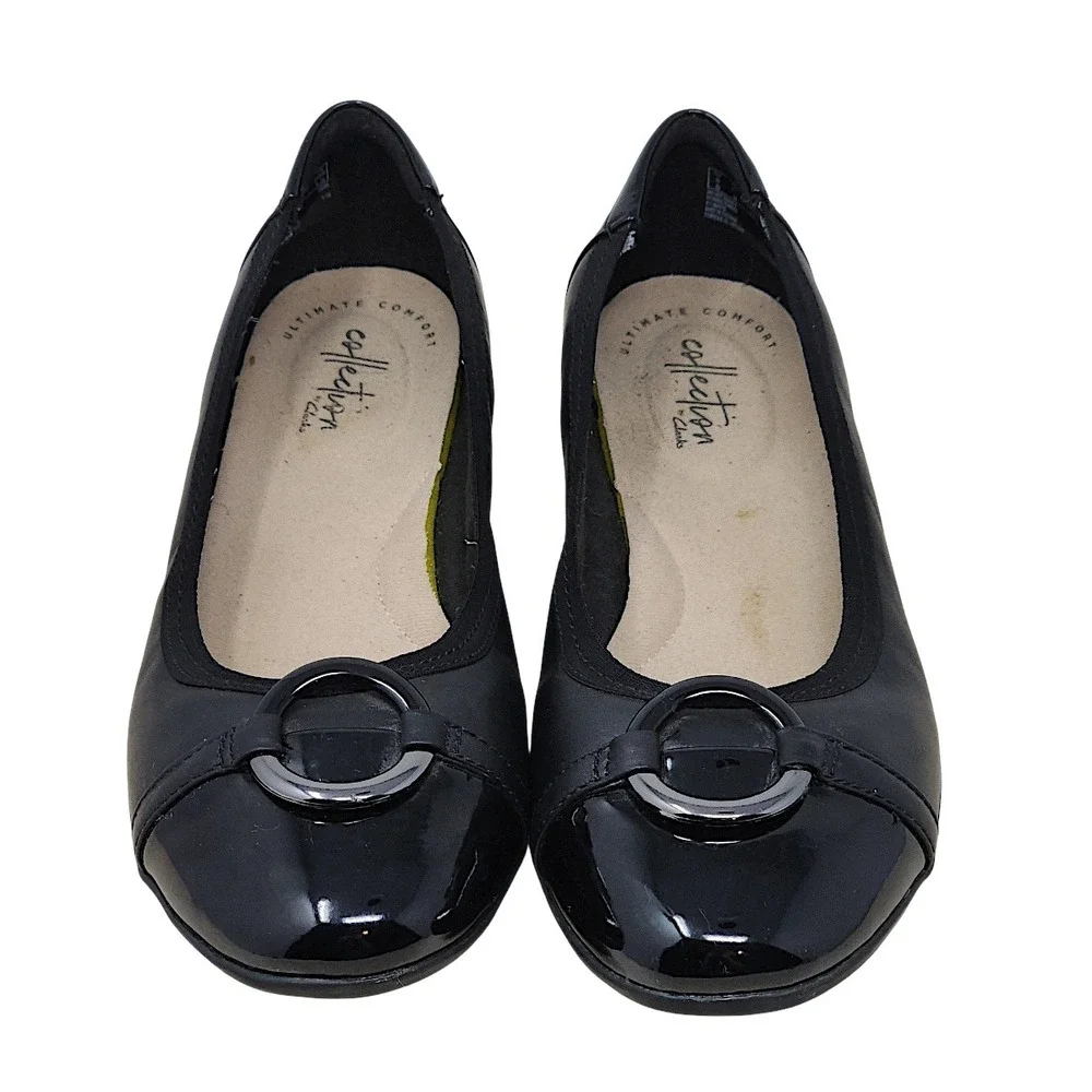 Clarks Ballet Flats 7.5 Women Gracelin Wind Black Leather Patent Cap Toe Ring